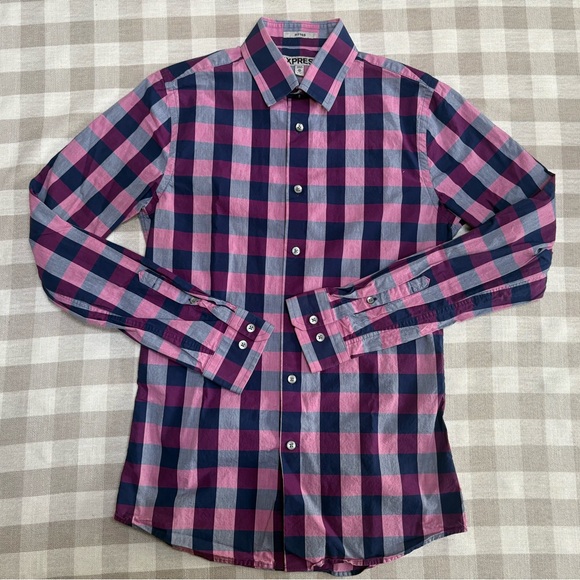Express Gingham Checkered Button Down Shirt - Fuschia and Navy - Picture 2 of 10